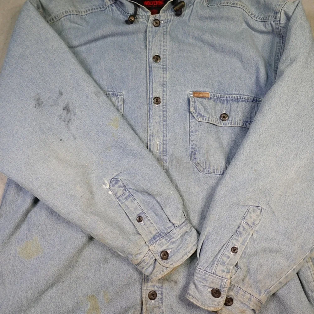 Wolverine Hooded Denim Shirt Jacket Mens Large Shacket Fleece Lined Workwear